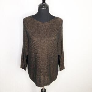 Eileen Fisher black bronze metallic linen blend slit sleeve sweater